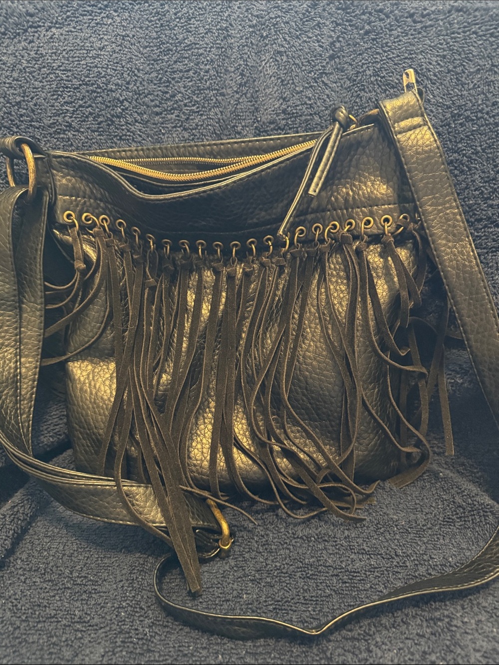 Fringed Black Crossbody Bag - Women's Leather-Textured Shoulder Bag